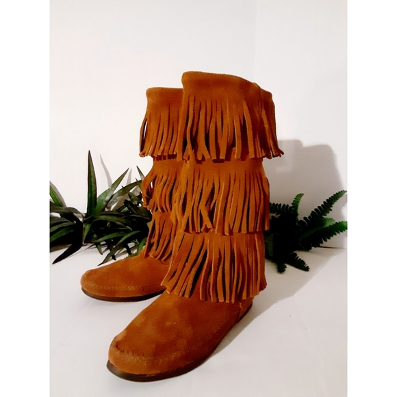 Minnetonka Three Layer Fringe Boots in Brown - Picture 7 of 16